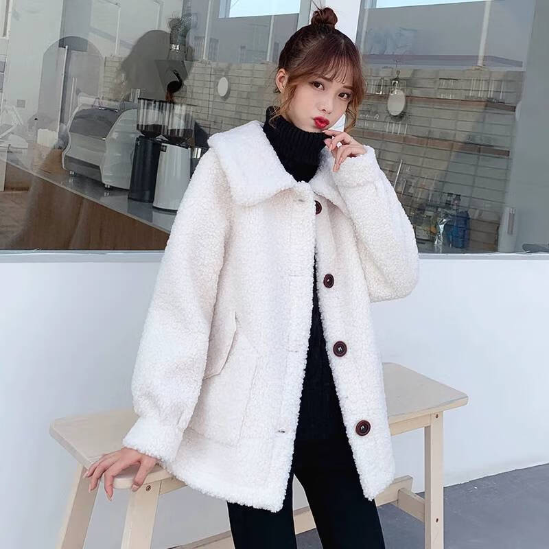 女加厚羊羔绒外套冬2021新款百搭宽松中长款韩版大衣030白色m90105斤
