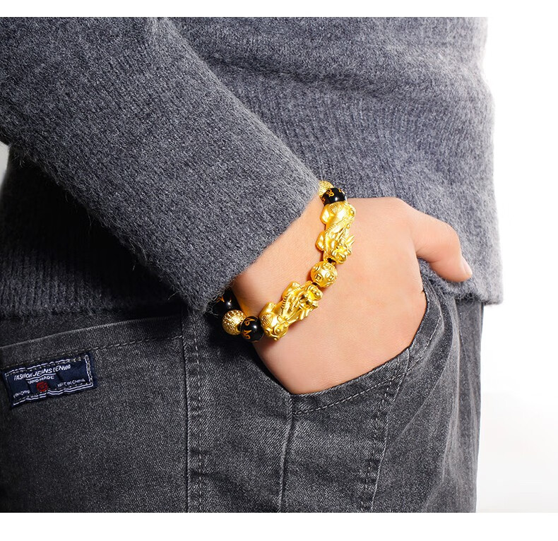 绳奇黄金貔貅手链男女999足金3d硬金皮丘貔恘转运珠男士金麒麟送礼送