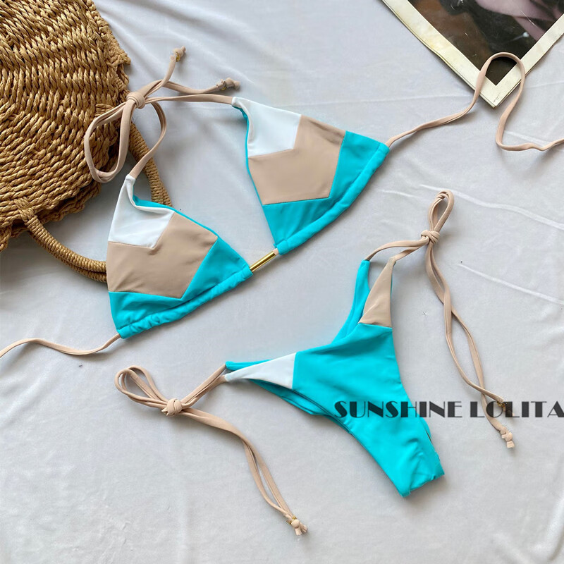 ins网红撞色性感三点式比基尼泳衣女小胸聚拢沙滩度假泳装 图片色 s