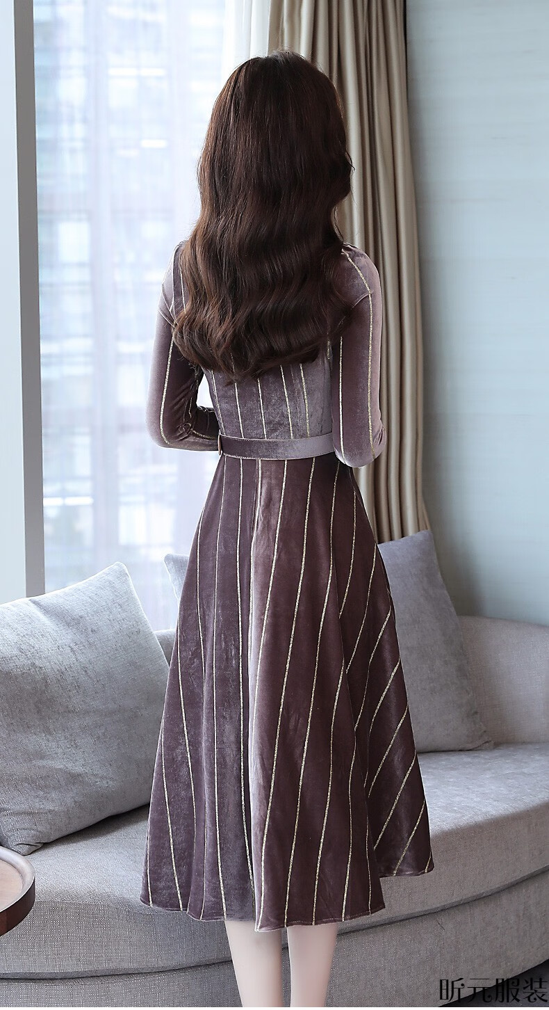 秋款连衣裙长袖气质显瘦金丝绒连衣裙高档2019春秋季金丝绒连衣裙女长