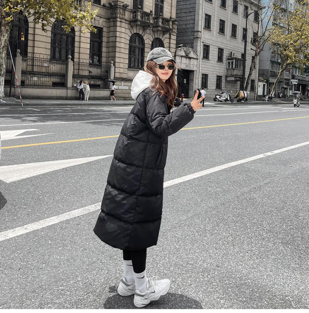 丫丫羽绒服女假两件中长款过膝韩版加厚白鸭绒连帽冬季外套潮 米白色