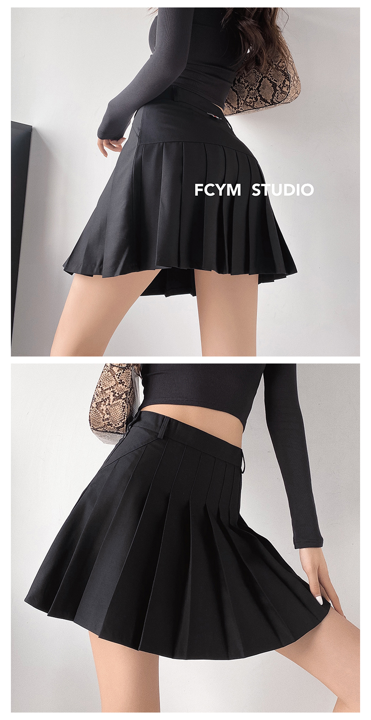 户外不用脱打野美式复古高腰显瘦百褶半身裙女夏黑色防走光超短裙白色