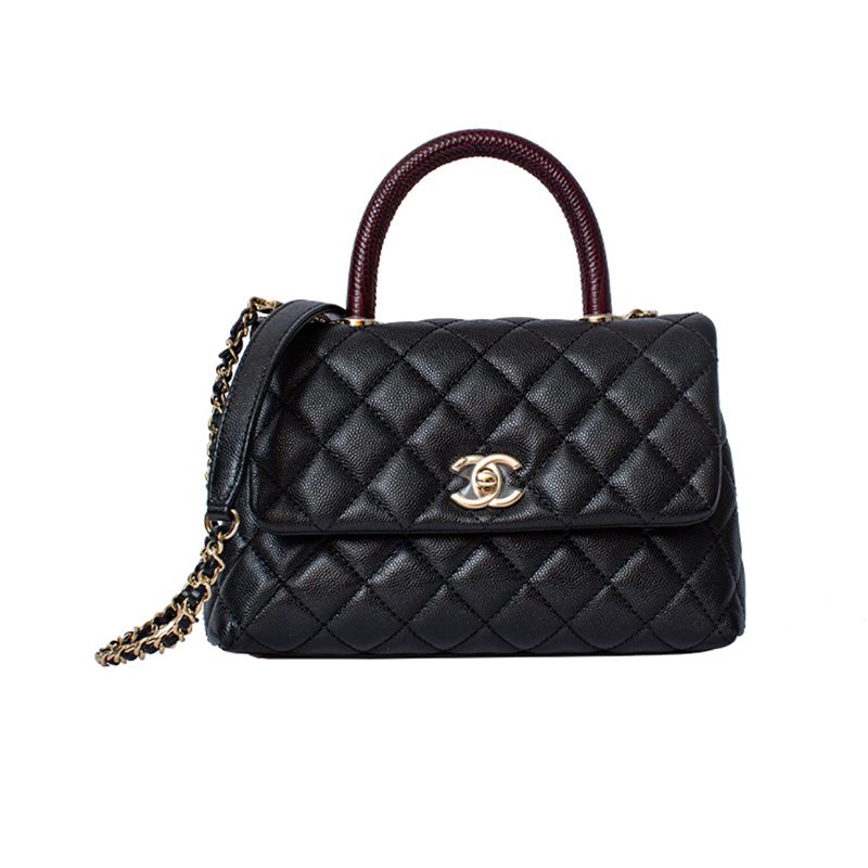 chanel香奈儿女包cocohandle小牛皮红色手提把格纹金扣斜挎单肩手提包