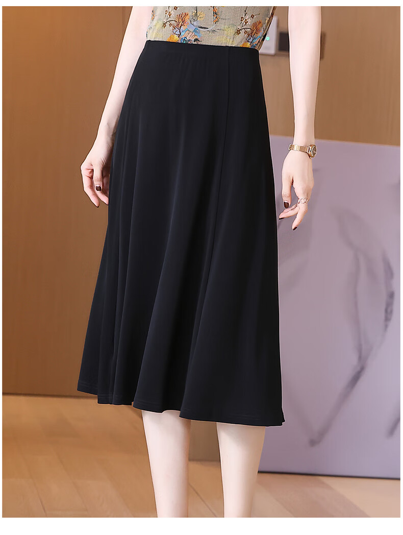 中老年重磅真丝半身裙中长裙桑蚕丝新款夏季针织加捻百褶黑色伞裙高腰