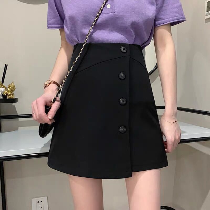 2022夏季新款半身裙女加码黑色百搭遮胯短裙不规则高腰小雏菊a字裙 黑