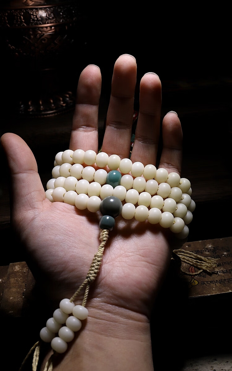 缅甸白菩提手串【原创设计】白菩提子根佛珠108颗白玉男盘玩手串念珠