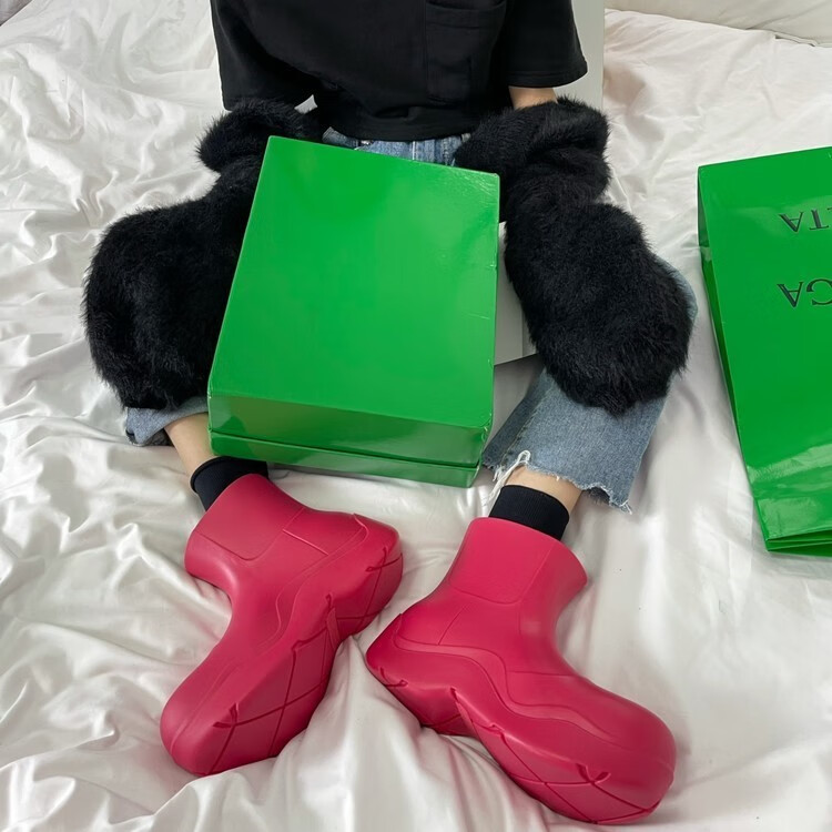 雨鞋mona阿希哥同款牛油果绿水鞋厚底增高雨靴防水短靴 黑色 35【图片