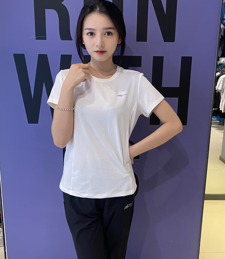 鸿星尔克女短袖2022年夏季圆领针织衫速干透气国潮erke运动装 正黑