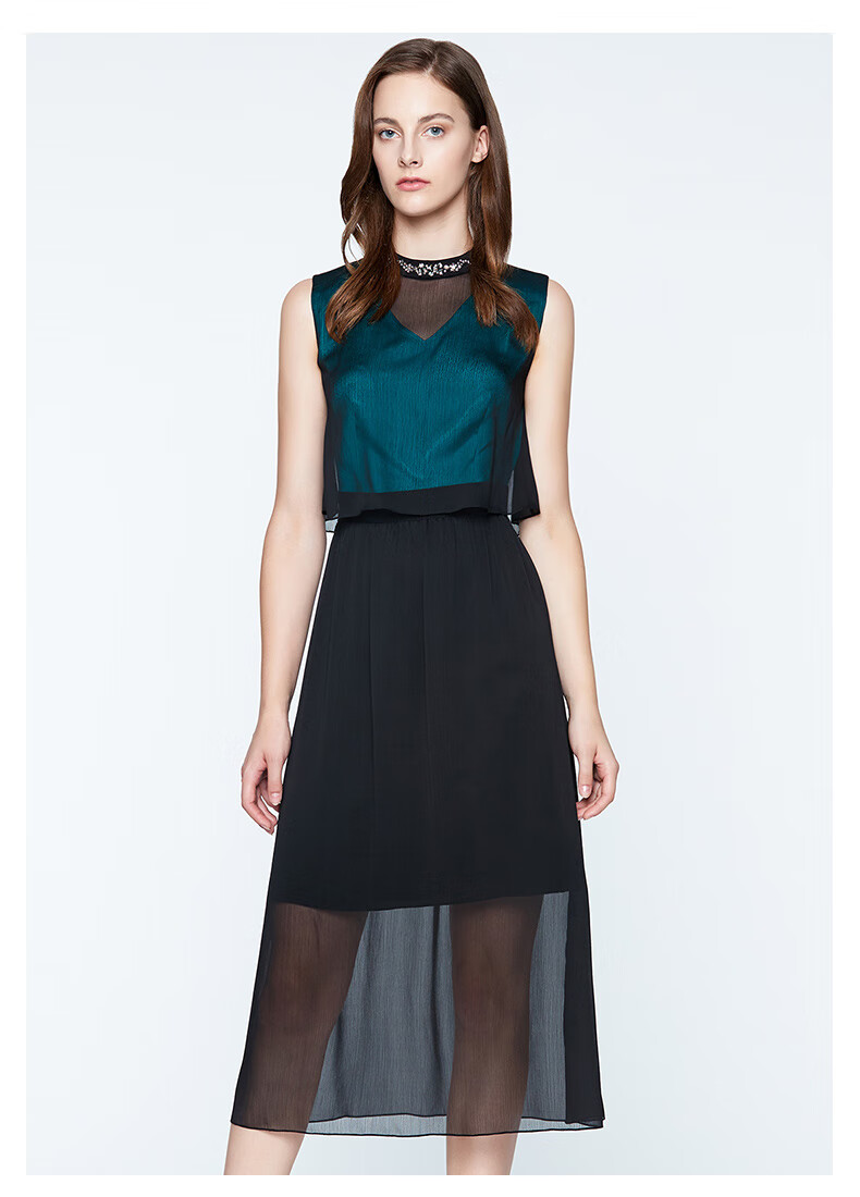 ports宝姿新品女装无袖撞色高腰雪纺连衣裙ln8d279hwp034black8