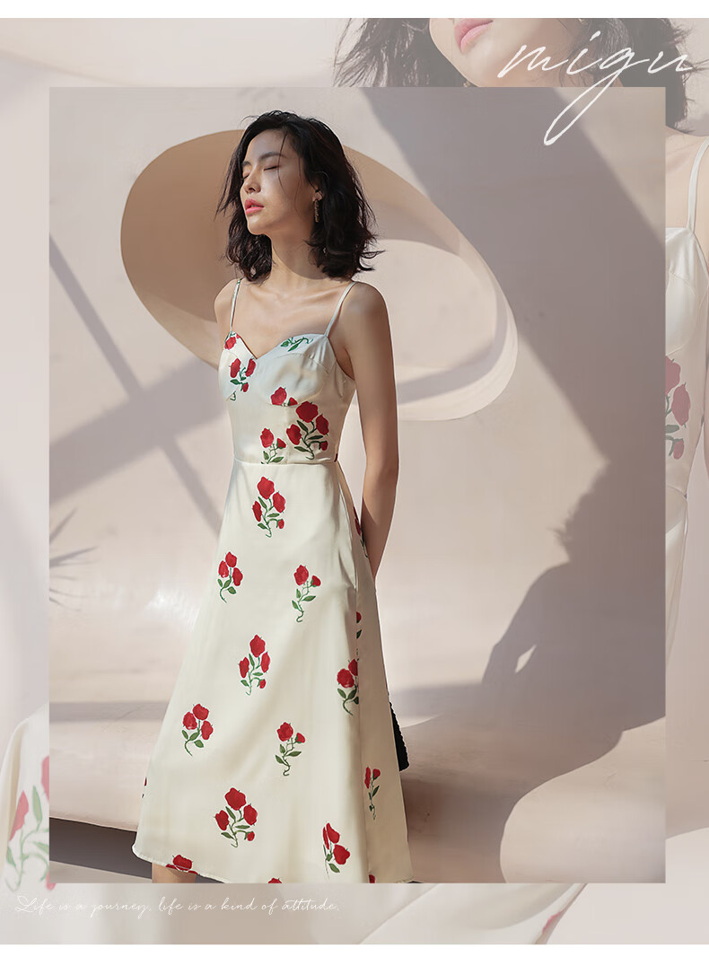 弥古法式复古碎花吊带裙感女夏季玫瑰雪纺连衣裙修身显瘦长裙卡莎玫瑰