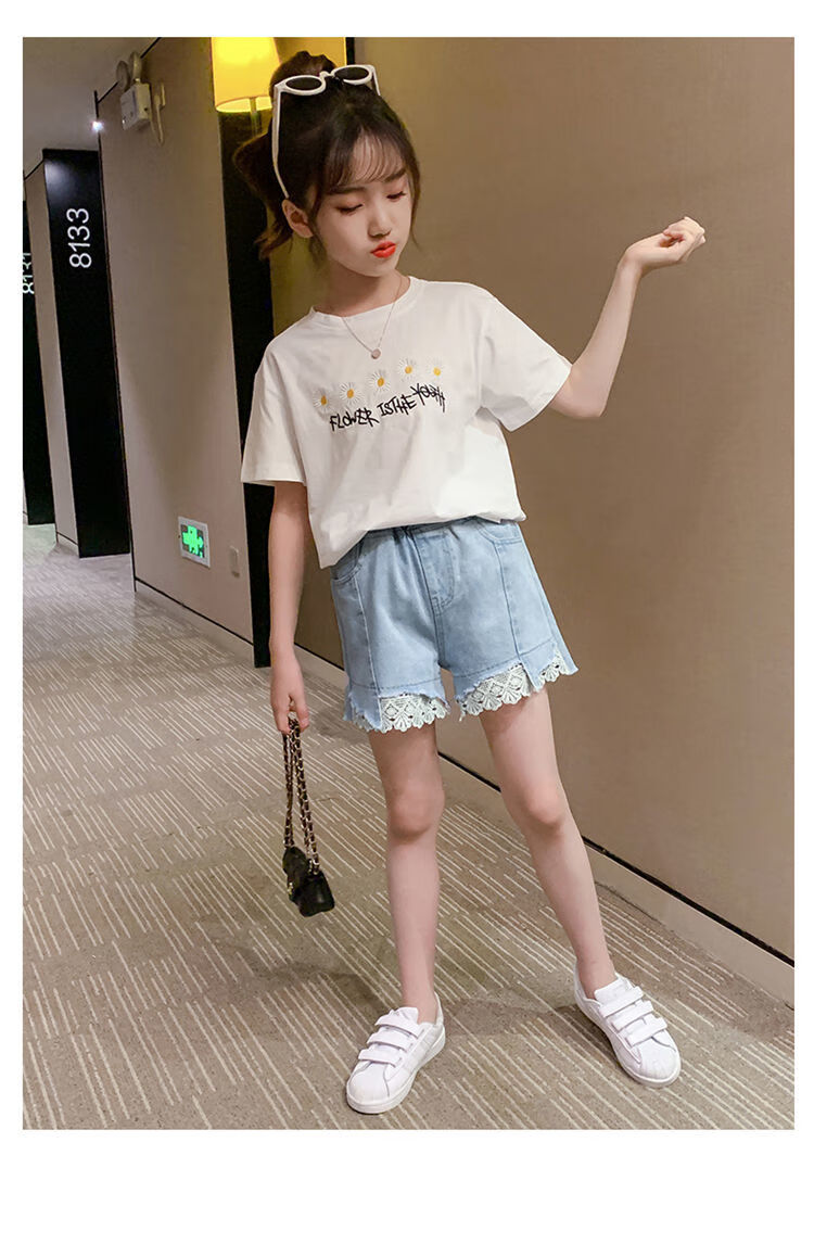 宝卡文女童短裤夏季外穿薄款女大童五分裤小女孩裤子少女学生蕾丝花边