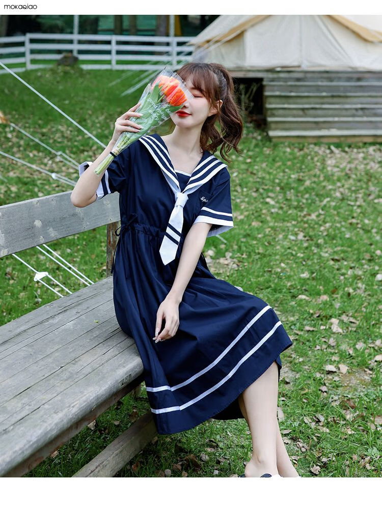 款仙女裙少女学生热天学院风宽松中长裙女装潮藏青色m建议体重90108斤