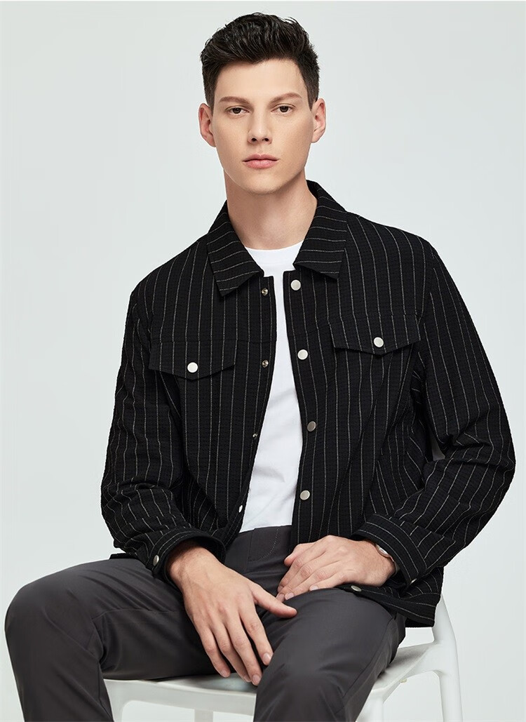 与狼共舞夹克男2022年春季新款男装休闲格纹翻领外套男士商务001黑色