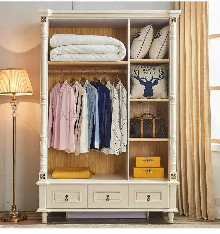 衣柜平开门美式衣柜四门四抽卧室三门实木柜子欧式白色烤漆平开门大