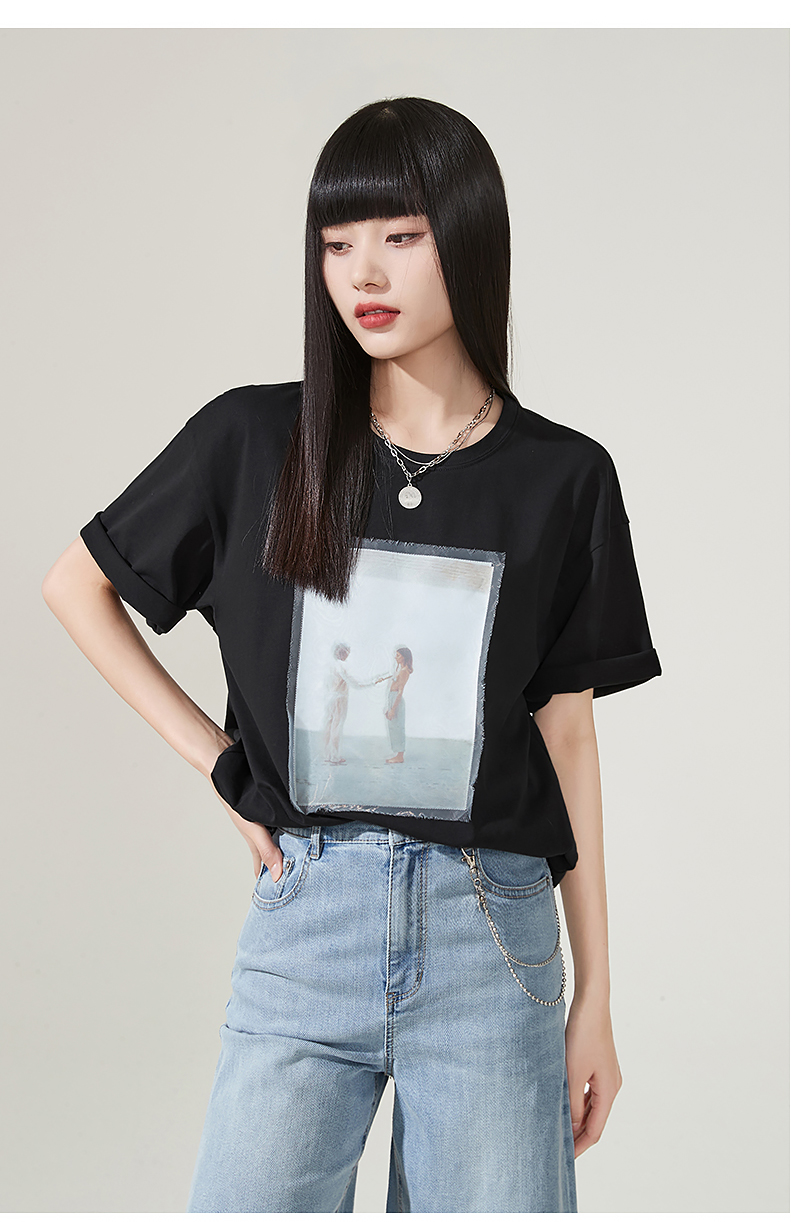 逸阳短袖t恤女2022夏季新款图案印花宽松显瘦半袖白色上衣薄8637黑色7