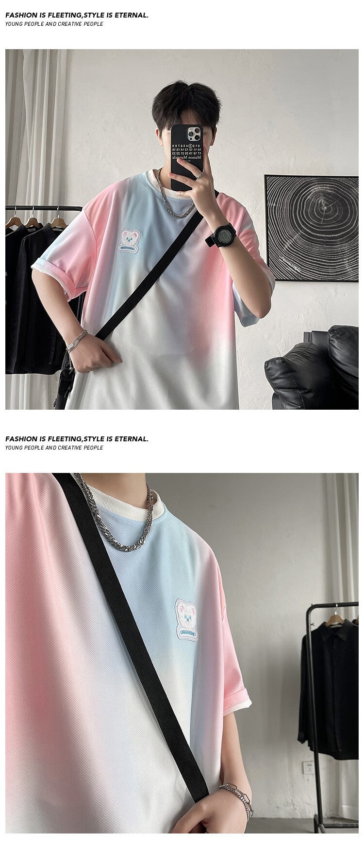 夏季情侣装渐变色短袖冰丝t恤扎染渐变男加肥加大上衣滑料速干潮流