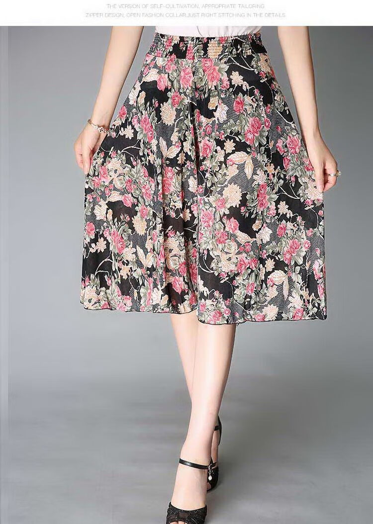 妈妈装阔腿裤子女夏季中裤中老年松紧腰宽松五分裤冰丝花色裤裙 101