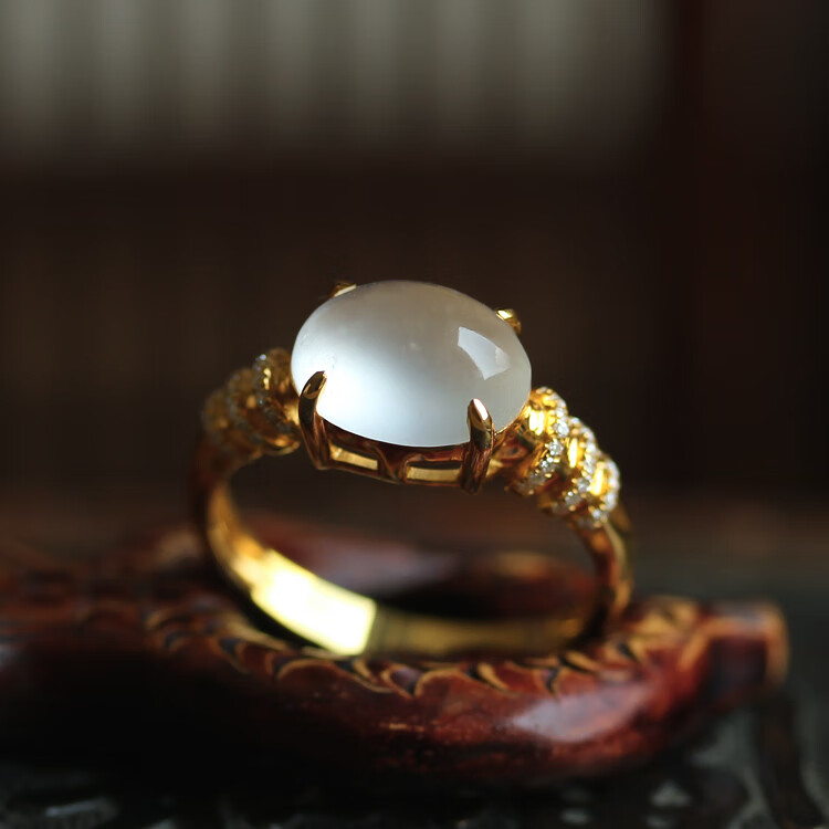墨韵 白冰种翡翠马鞍戒指女款a货玉石富贵精品18k豪华金带珠宝首饰