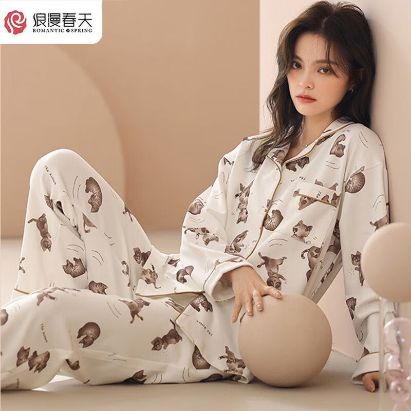 浪漫春天睡衣女长袖春秋季蝴蝶结韩版薄款棉甜美公主风简约家居服浪漫