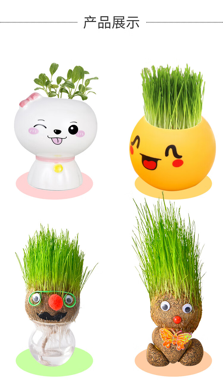 米囹创意盆栽草头娃娃头上长草盆栽绿植儿童观察礼品自选表情娃娃两个