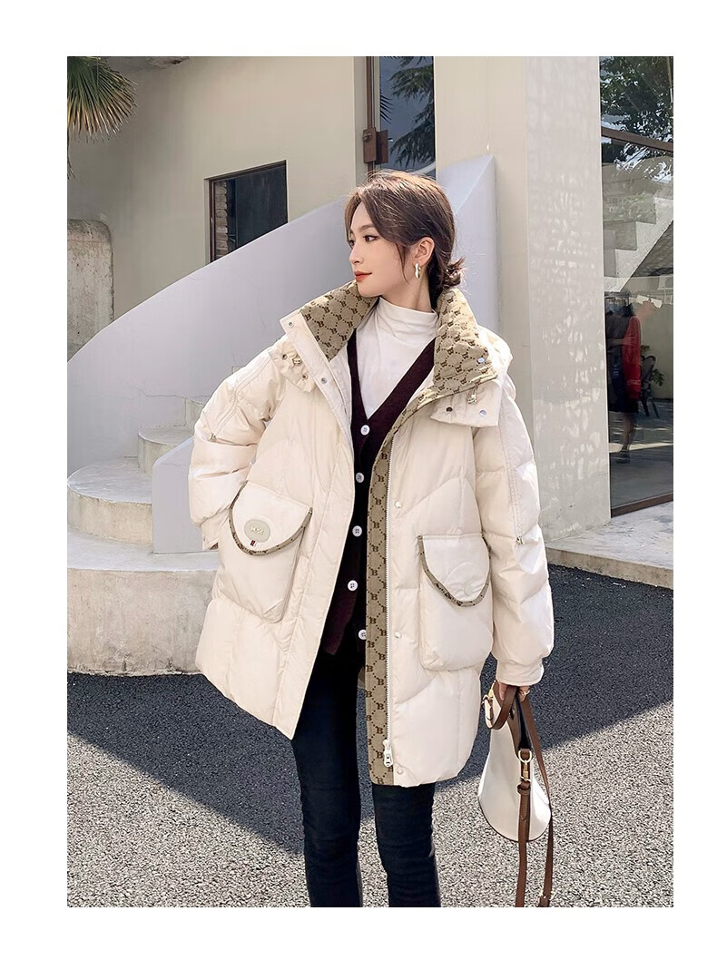 鸭鸭中长款羽绒服女2022年新款白鸭绒冬季加厚连帽宽松女士外套 子夜