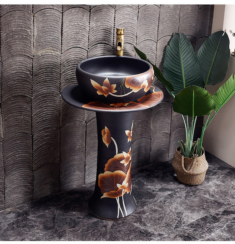 艺术陶瓷立柱式洗脸盆室外阳台洗手盆复古庭院荷花面盆户外落地式炮筒