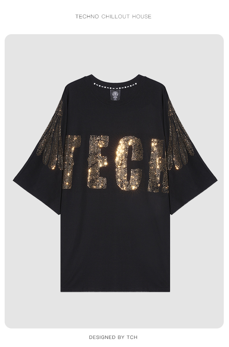 tch潮牌大翅膀字母烫钻黑色短袖t恤男女同款t21110c3050黑色m