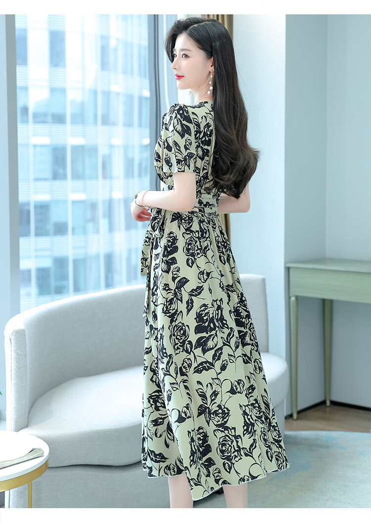 maycaur轻奢服饰连衣裙女v领短袖高腰一片式开叉气质优雅碎花中长款