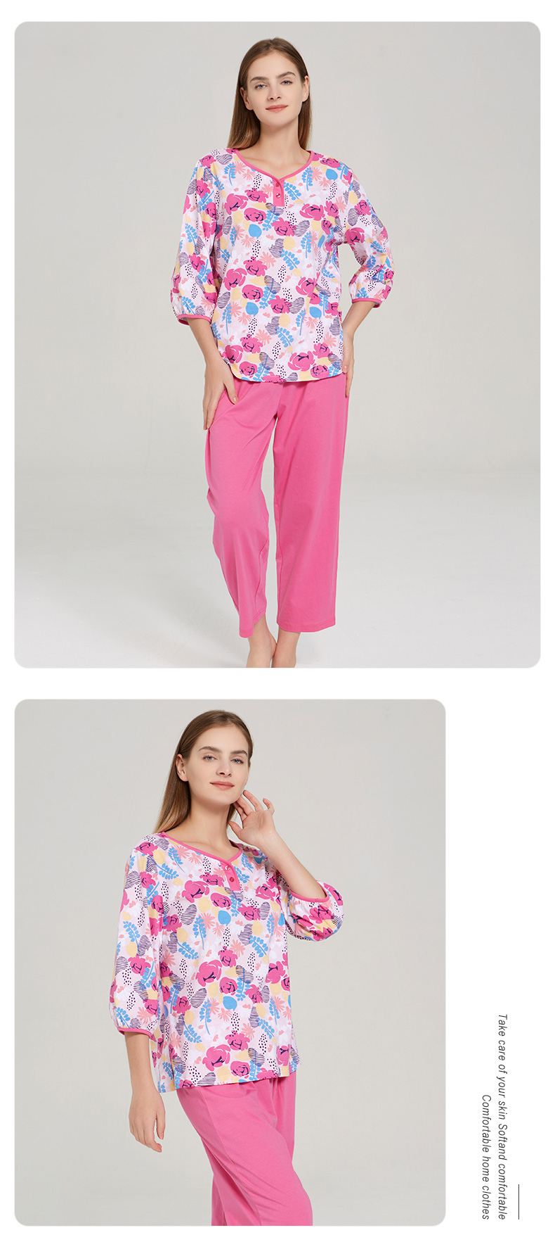 铜牛纯棉家居服睡衣女夏2022新款印花半开襟七分袖家居服套装vj094