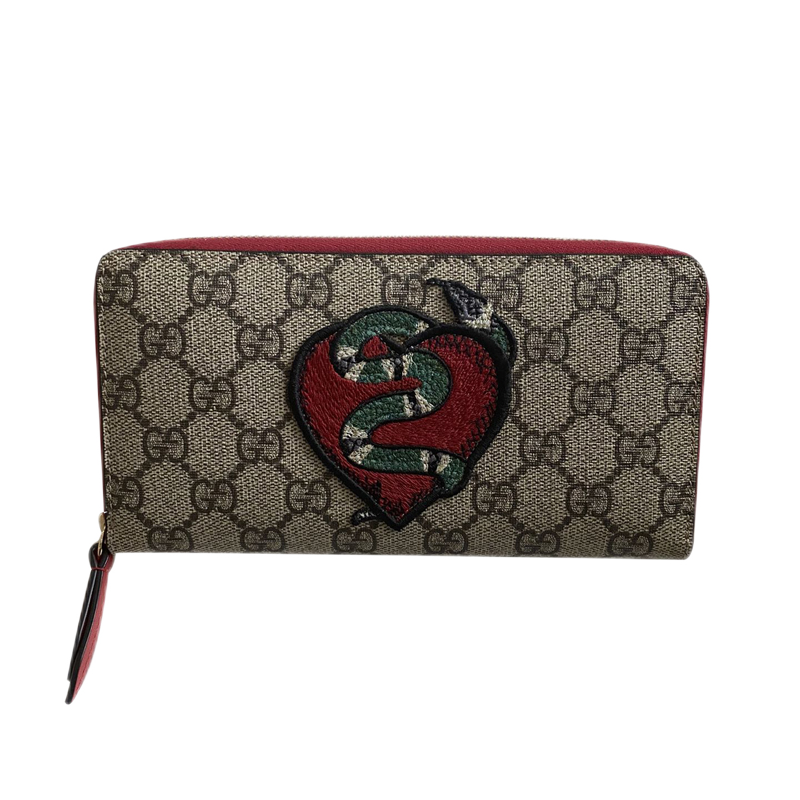 精品gucci古驰帆布老花装饰刺绣红心和珊瑚蛇拉链钱包cs棕色默认1