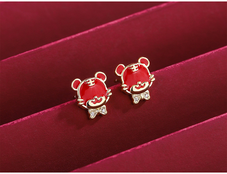 tshe耳钉女999足银蝴蝶结萌虎新款虎年生肖本命年耳饰电白