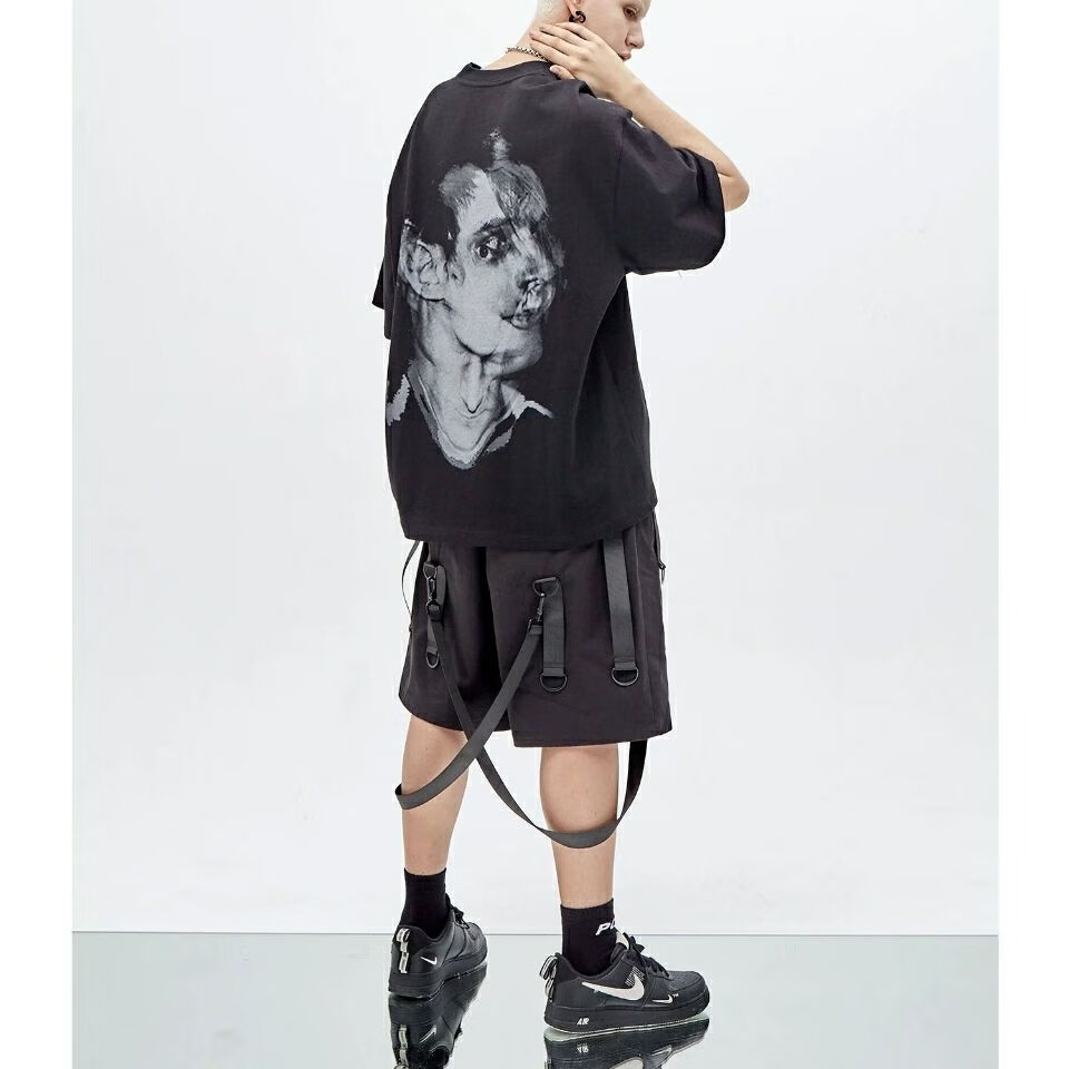 得物同款品质pclp迷失重影人头背面印花国潮宽松短袖t恤男女同款 黑色