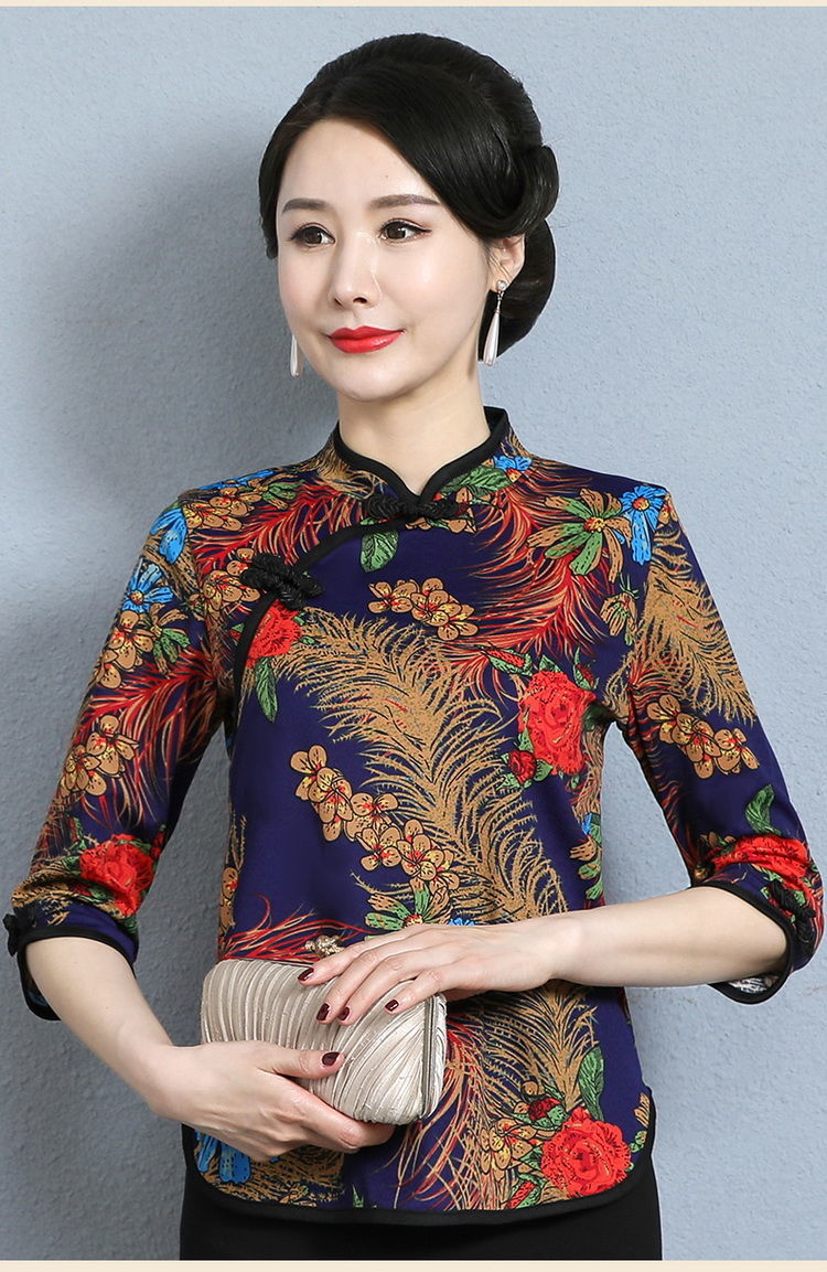 妈妈装恤秋冬新款旗袍领上衣显瘦遮肚中年女装复古洋气质打底衫藏青