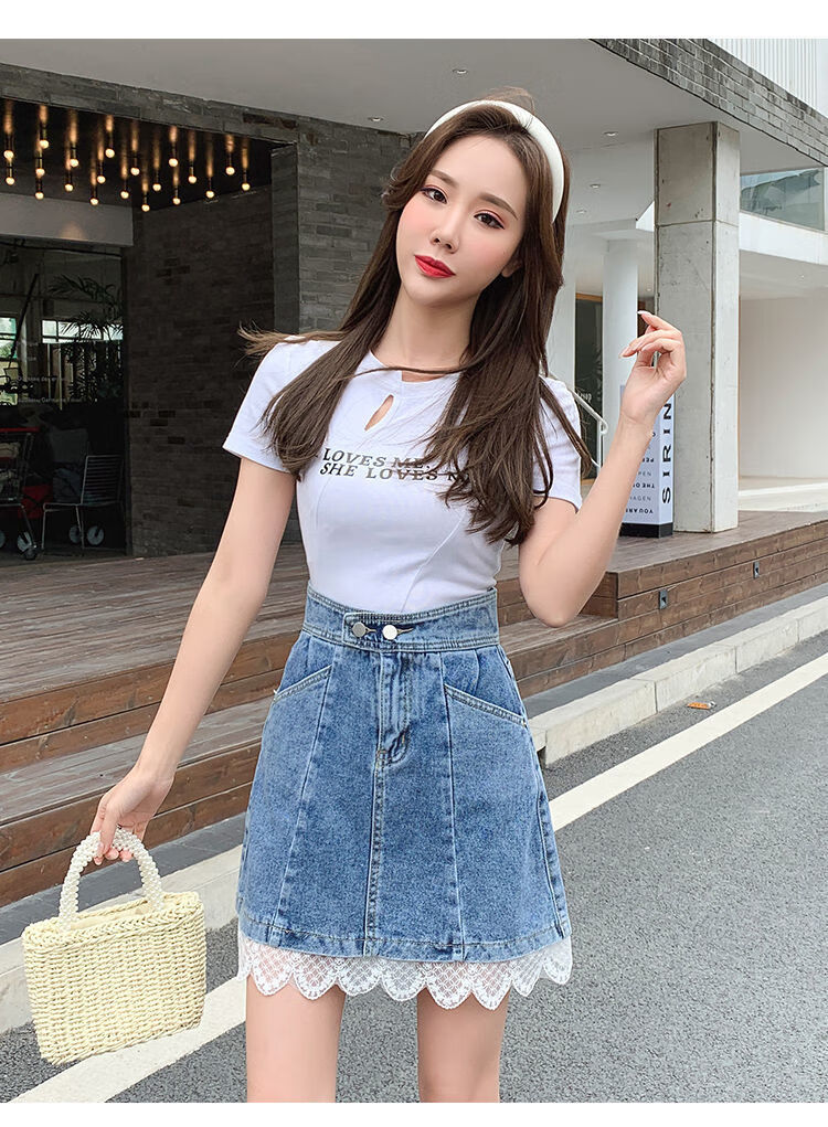 牛仔半身裙女2022夏季新款拼接蕾丝牛仔短裙不规则高腰a字裙浅蓝xl