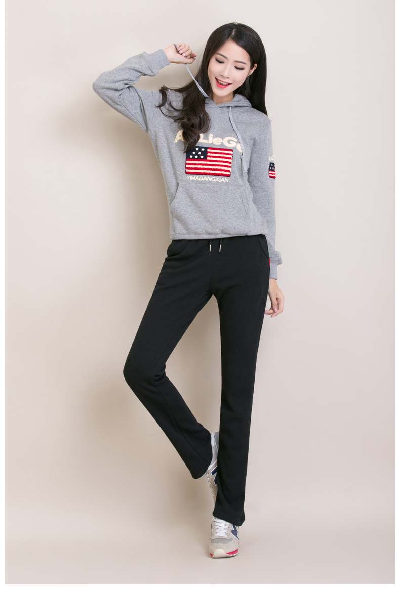 秋春运动裤女直筒加绒加厚长裤宽松韩版阔脚卫裤大码休闲裤 加绒加厚