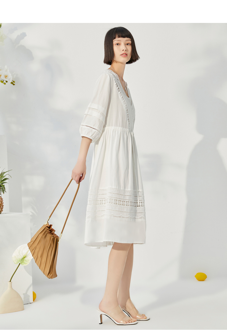 紫淑七分袖连衣裙新款纯色镂空钩花v领薄款夏收腰显瘦中长款裙子本白m