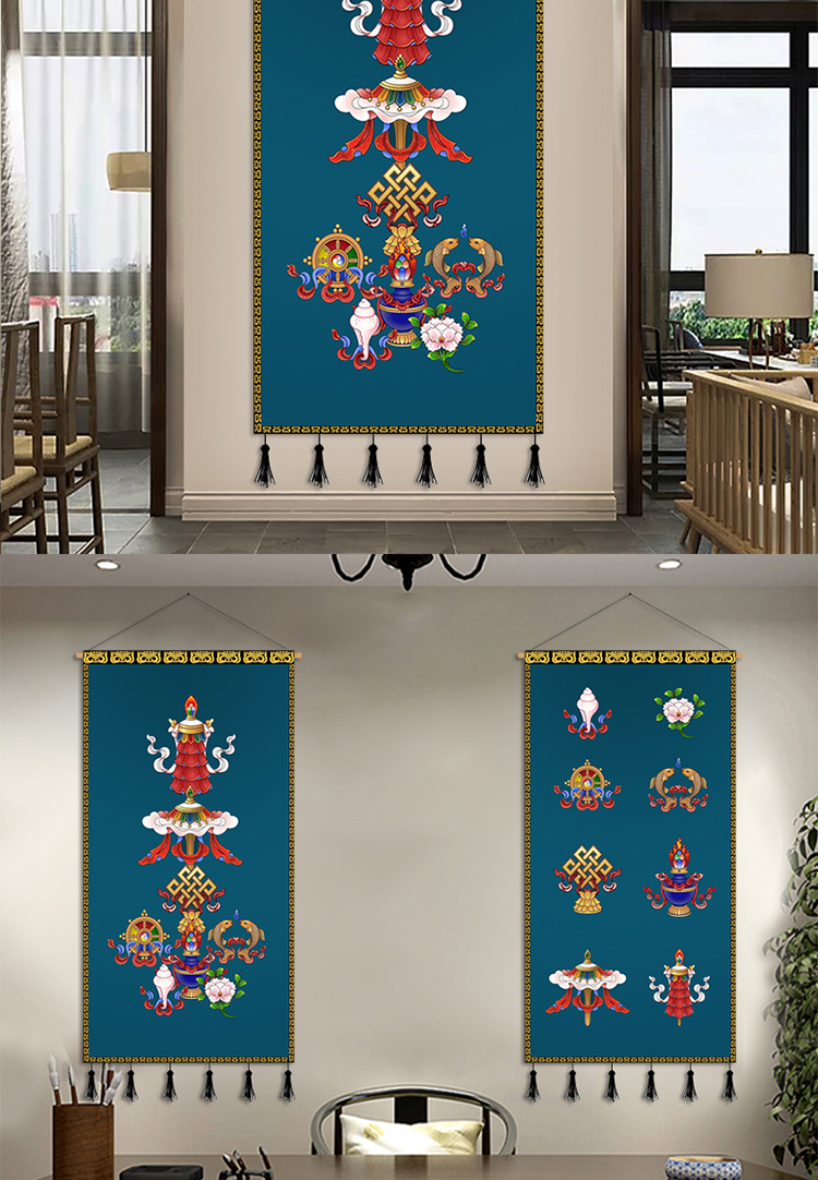 藏式八宝布艺挂画客栈民宿墙壁长副装饰背景墙画藏族壁画挂布挂毯