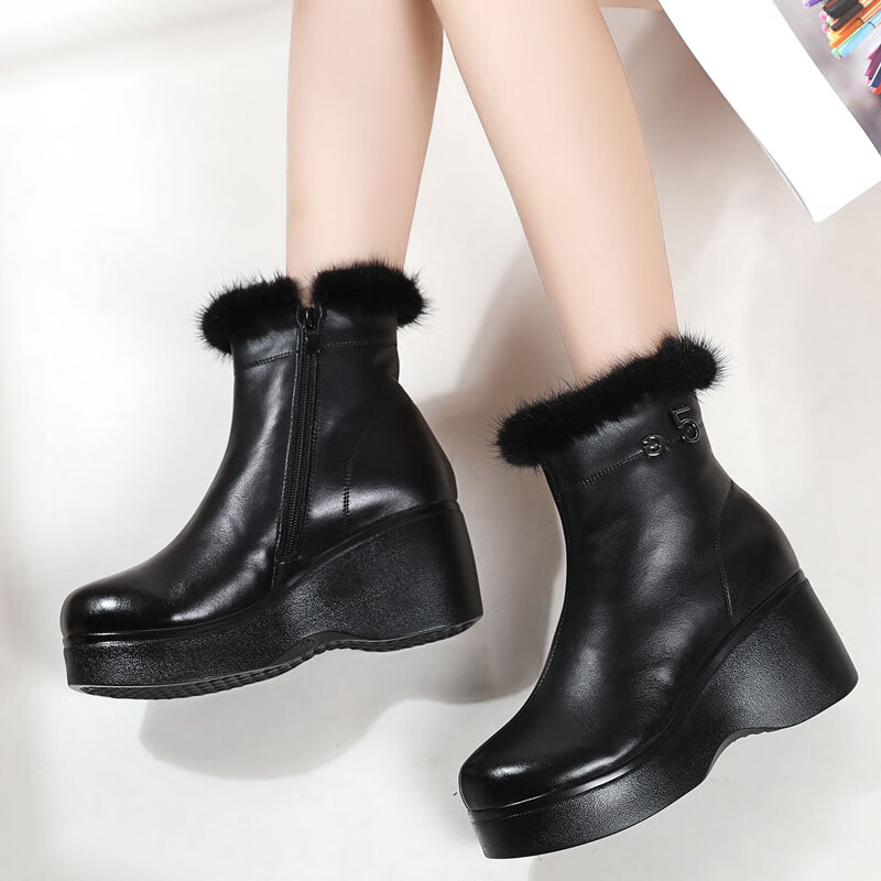 2019冬季新款厚底女靴坡跟短靴女加绒棉靴女棉鞋松糕跟靴子防水台