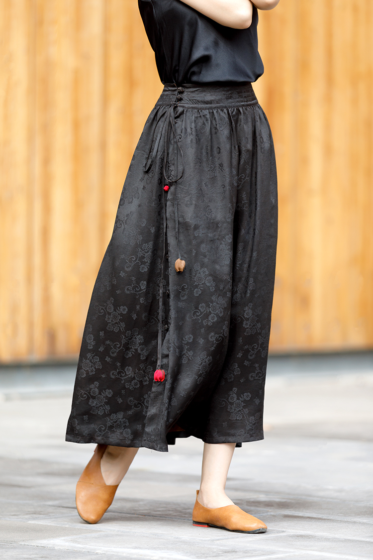 法士隆高档月照人重磅提花黑色真丝香云纱半身裙女中式飘逸a字长裙子