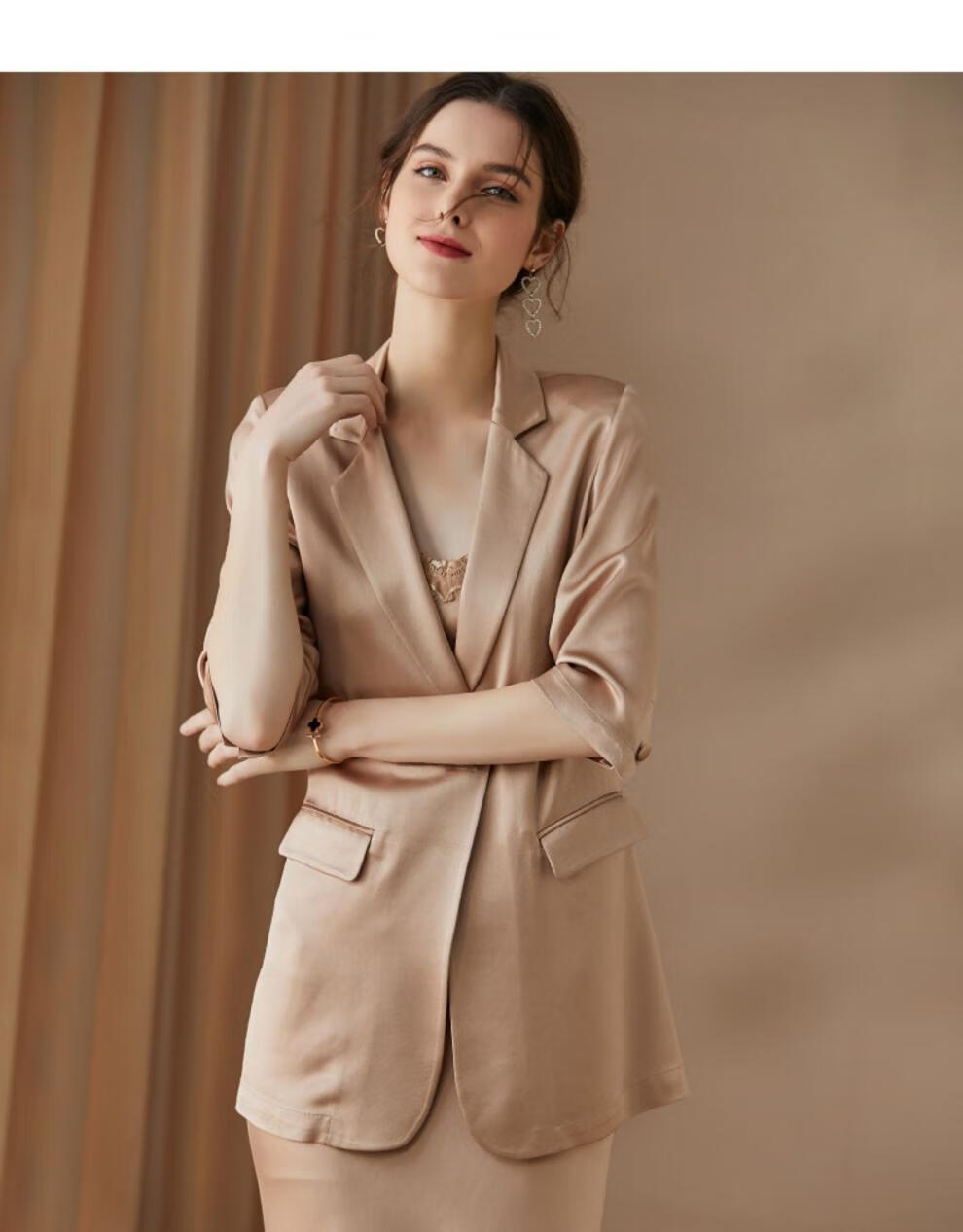 米思阳春装新款气质知性香槟色小西装醋酸缎面西服外套女0197香槟色m