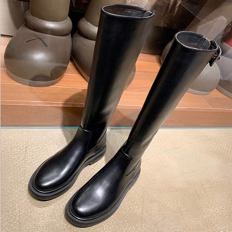 【商场同款】sw春秋季马丁靴弹力瘦瘦靴后拉链厚底金锁扣高筒靴女长筒