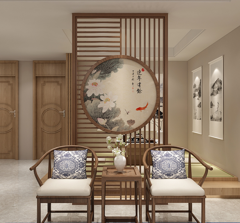 中式圆形屏风隔断装饰客厅条案玄关入户隔断实木栅栏创意镂空座屏 黑