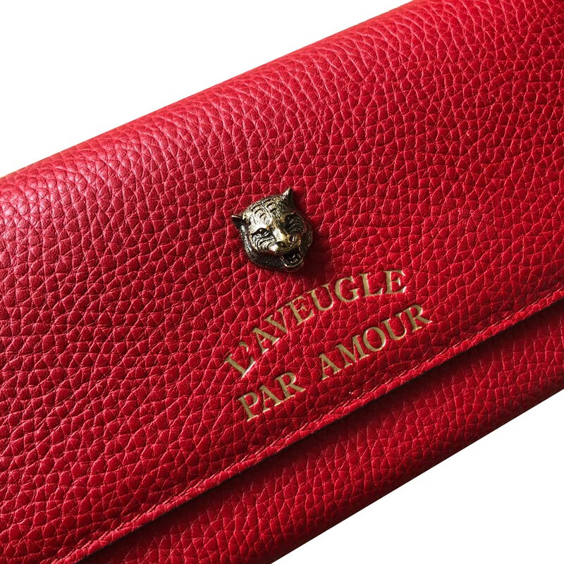 奢gucci古驰女士红色立体小虎头红色荔枝纹皮长款按扣钱包cs红色默认1