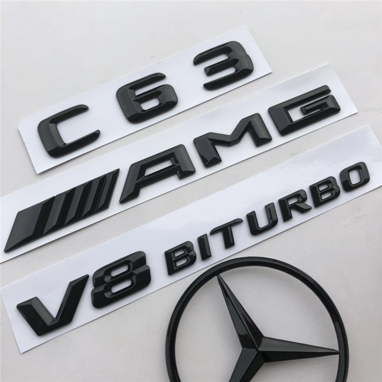 适用于奔驰亮黑色车标a45 c200 e300l s65 4matic改装amg c63后尾字标