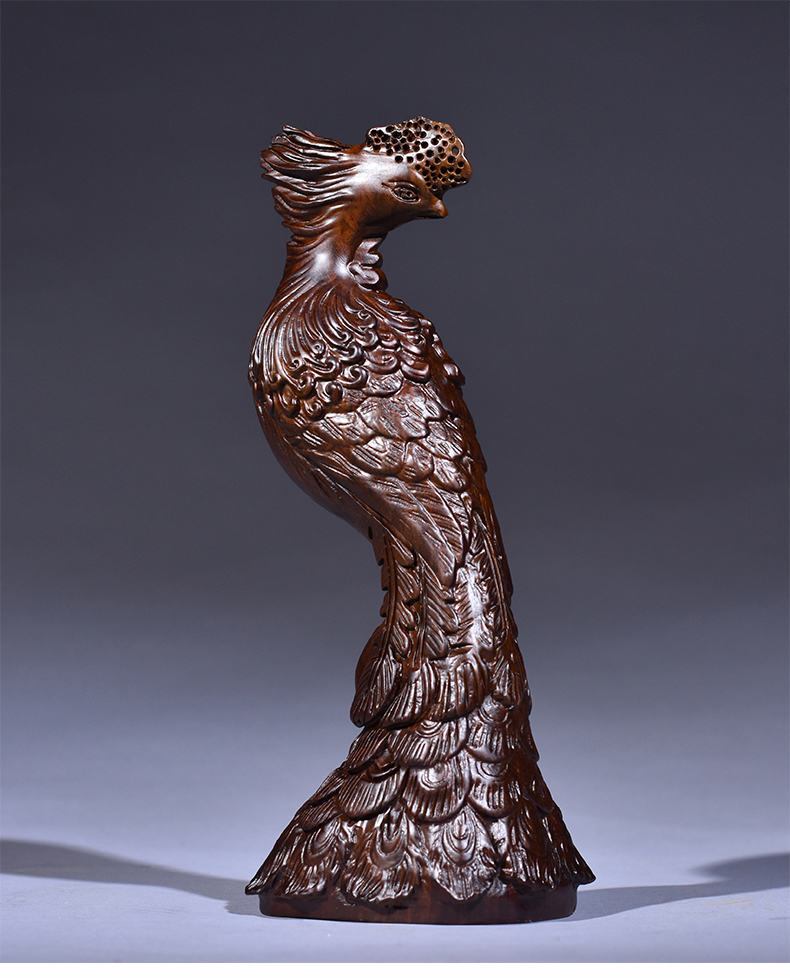 雕凤凰摆件装饰实木家居办公室玄关装饰雕刻红木工艺品礼品 精雕凤凰