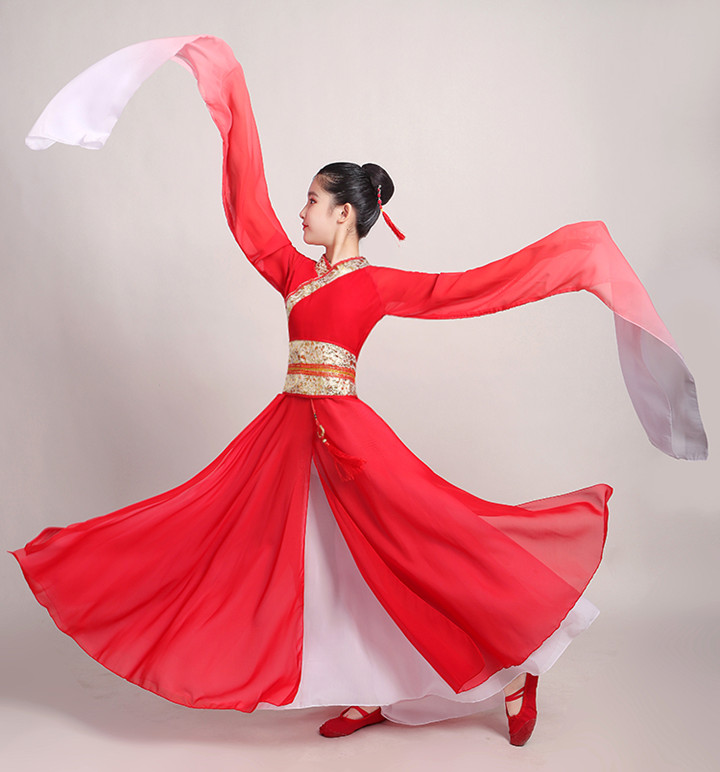 水袖舞蹈服惊鸿舞中国风甩袖服装女飘逸红昭愿汉服古典舞演出服红色