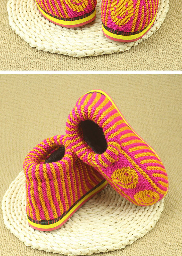 手工毛线棉鞋儿童毛线鞋毛线编织鞋防滑保暖居家儿童棉鞋 玫红 蓝梅花