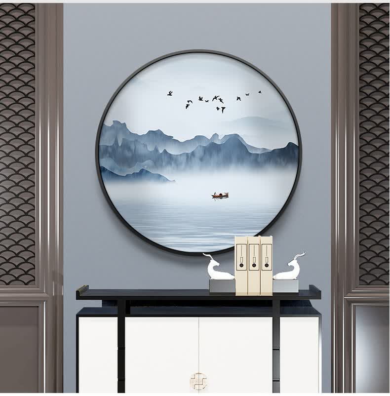 新中式装饰画玄关餐厅圆形挂画书房茶室背景墙禅意山水画客厅壁画艾优