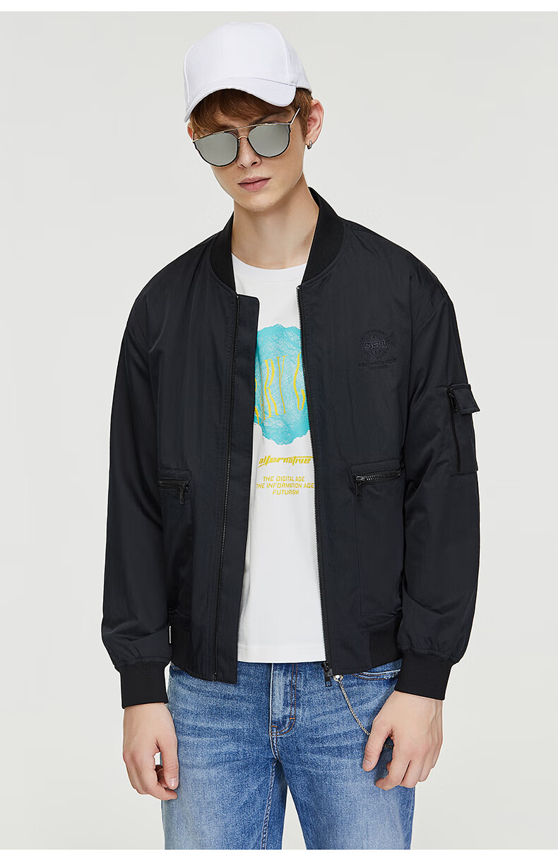 商场同款kikc春季新款茄克衫棒球领口工装口袋外套男深蓝色165s