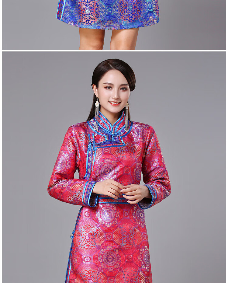 蒙古族服装女装春秋中长传统蒙古袍连衣裙日常生活装民族风舞蹈演出服